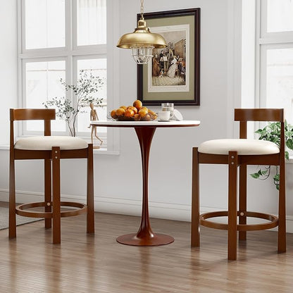 COSTWAY 24” Counter Height Bar Stools Set of 2, Linen Upholstered Bar Chairs with Backrests and Footrests, Wood High Barstools for Kitchen Island and Dining Room (Walnut)