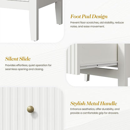 White Fluted 4 Drawer Dresser Set of 2 for Bedroom, Modern Chest of Drawers, Wood Dresser for Storage Clothes, Wooden Storage Cabinet Nightstand for Bedroom, Hallway, Living Room, Entryway