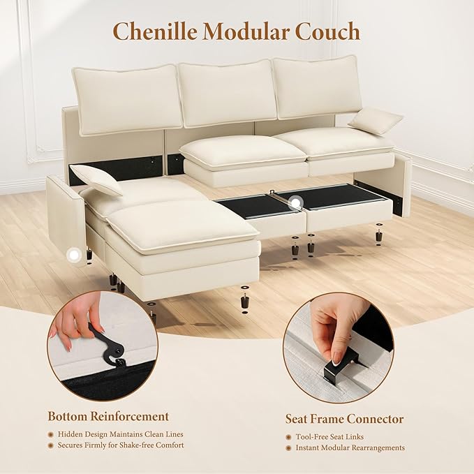 Vesgantti Large Modular Sectional Sofa, Big Comfy Cloud Couch with Ottoman Deep Seat Chenille Cloud Sofa, 9 Seater Large Sectional Couches for Living Room, Bedroom and Apartment, Beige