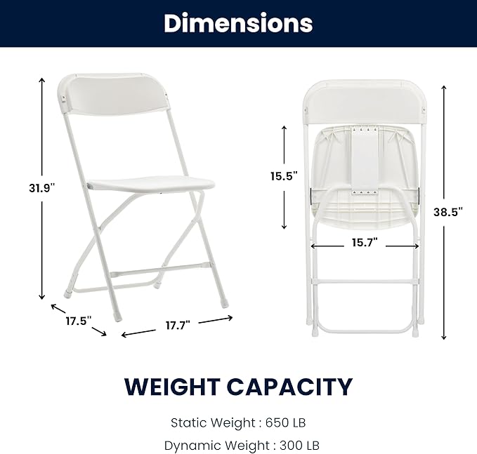 BTEXPERT® Set of 8, White Plastic Folding Chair Steel Frame Commercial High Capacity Event Chair Lightweight Set for Office Wedding Party Picnic Kitchen Dining Church School