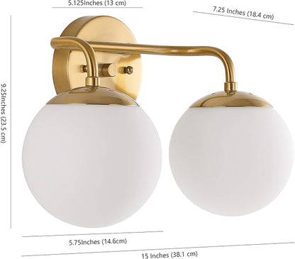 JONATHAN Y JYL3535A Louis Parisian Globe 15" 2-Light Metal/Frosted Glass Modern Contemporary LED Vanity Midcentury Glam 2700K LED 4W Bulbs Entryway Lobby Kitchen Bathroom Bedroom Hallway, Brass Gold