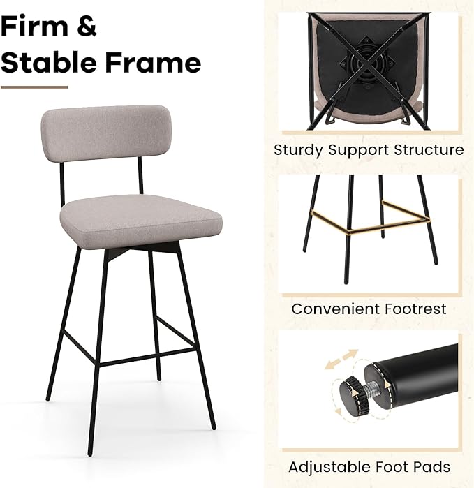 COSTWAY Bar Stools Set of 4, 29” Upholstered Bar Height Chairs with Back, 360° Swivel Bar Chairs with Heavy-Duty Metal Legs and Footrests, Fabric Seat for Kitchen Island, Dining Room, Bar (4, Beige)