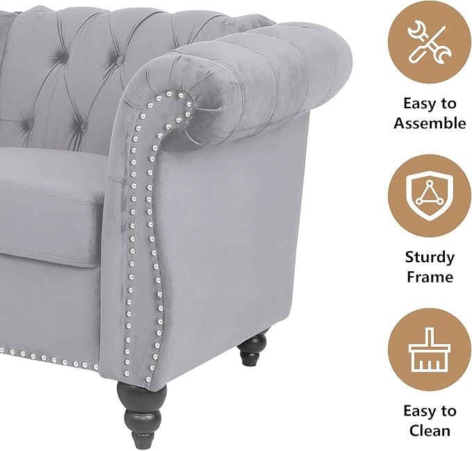 Velvet Sofa Couches Set, 3-Piece Mid Century Modern Upholstered Couch with Cushions, Home Sofa Sectional Furniture Sets, Comfy Tufted Chesterfield Couches for Living Room, Bedroom, Office