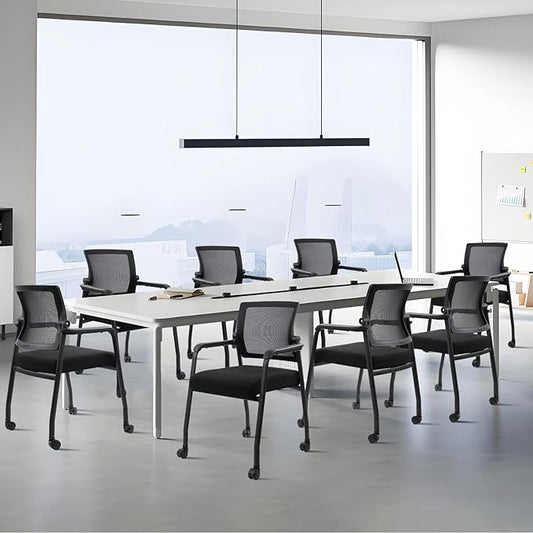 8PK Office Guest Chairs No Wheels | Ergonomic Lumbar Support and Thicked Seats Cushion, Desk Chair with Adjustable Mesh Back for Waiting Room School Church Reception，Black