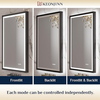 Keonjinn 48” x 30” LED Bathroom Mirror with Frontlit & Backlit, Large Metal Framed Lighted Mirror with Stepless Dimmable 3-Color Temperatures, Anti Fog, UL-Listed Driver, No Dark Corner