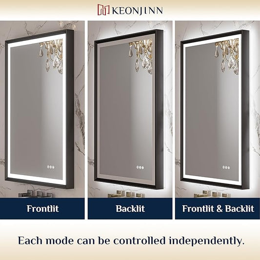 Keonjinn Black LED Mirror for Bathroom 40 x 32 Inch with Frontlit & Backlit, Metal Frame Mirror with Stepless 3-Color Lights, Antifog Dimmable, UL-Listed Driver,Tempered Glass(Horizontal/Vertical)
