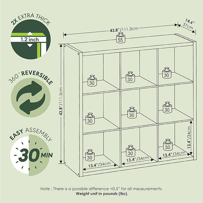 Furinno Cubicle Book Shelf, 9-Cube Thick Frame Bookshelf, Reversible Bookcase with Open Back, 14.6" x 43.8" x 43.8", for Living Room, Bedroom, Home Office, Sage Green