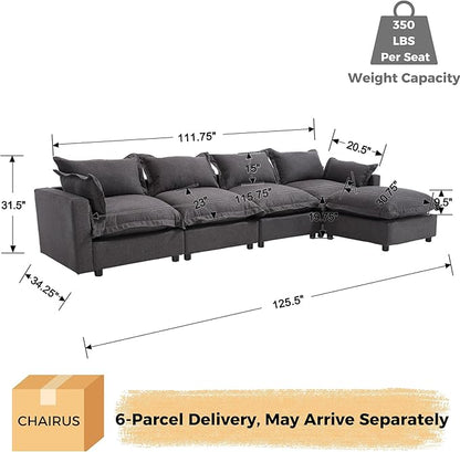 chairus 126" Modular Sectional Sofa with Moveable Ottoman Upholstered Deep Seat Linen Couch Set with Soft Pillows L-Shape Sofa Couch for Living Room, Apartment, Reception Room, 4-Seater/Black