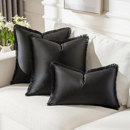 FUTEI Black Velvet Decorative Throw Pillow Covers 20x20 Set of 2,Soft Cozy Edge with Tassels Cushion Case,Boho Modern Home Decor for Couch Bed Living Room