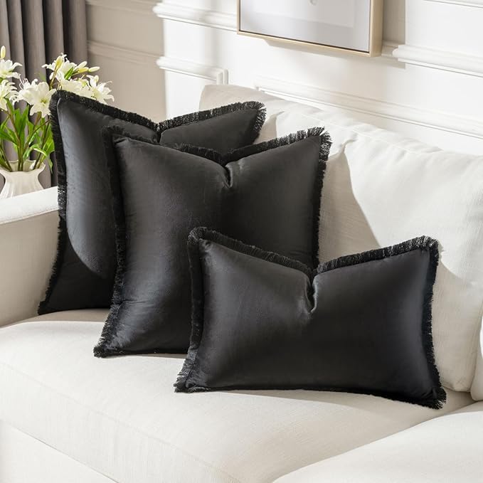 FUTEI Black Velvet Decorative Throw Pillow Covers 22x22 Set of 2,Soft Cozy Edge with Tassels Cushion Case,Boho Modern Home Decor for Couch Bed Living Room