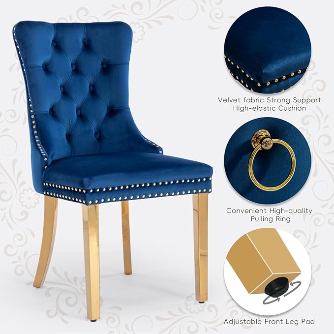 Velvet Upholstered Dining Chairs Set of 8, Modern Style Kitchen Side Chairs with Nailhead Trim and Gold Plated Leg, Metal Pulling Ring for Dining Room Living Room(Blue-Gold Plated Leg)