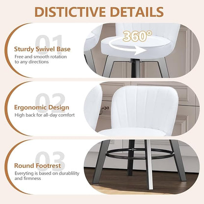 MINCETA Bar Stools Set of 2, PU Leather Barstools, 26 Inch Upholstered Counter Stools with Backrest and Footrest, Swivel Counter Height Barstools for Kitchen Island Home Bar White