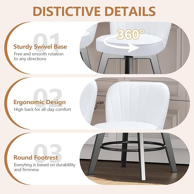 MINCETA Bar Stools Set of 4, PU Leather Barstools, 26 Inch Upholstered Counter Stools with Backrest and Footrest, Swivel Counter Height Barstools for Kitchen Island Home Bar White
