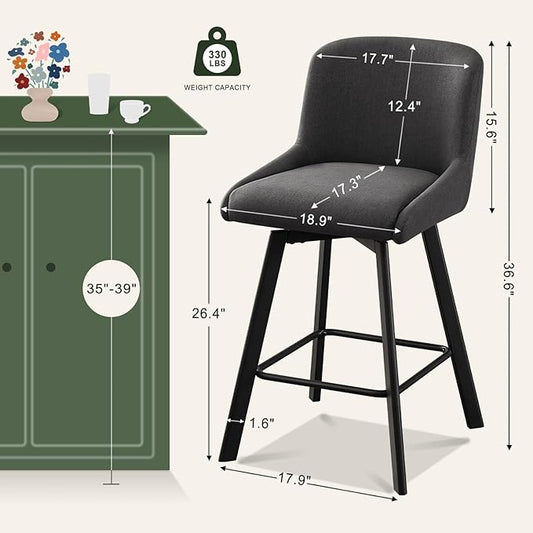 Swivel Counter Height Bar Stools Set of 3, 26''H Upholstered Barstools with Backs, Modern Bar Stool Chairs for Kitchen Island, Metal Legs, Fabric, Black Grey Stools Counter Chair