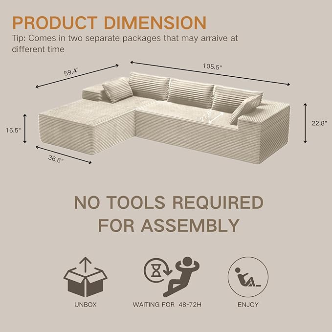 Kingdura 105.5'' Cloud Sectional Couch with L-Shape Chaise, Beige Modern Modular Sofa with Deep Seat, Corduroy Fabric, No Assembly Required, Upholstered Couches for Living Room Bedroom