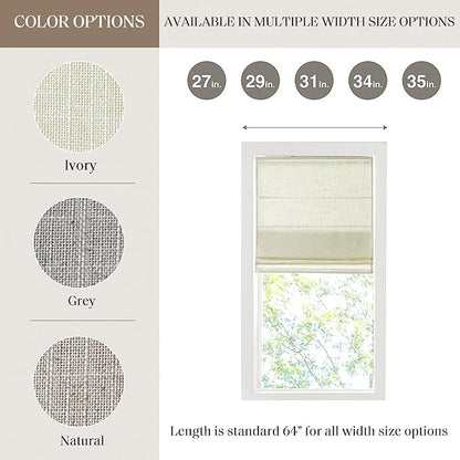 Madison Park Kyler Cordless Roman Shades - Single Panel, Lightweight Linen Blend Fabric, Natural Design, Easy Installation, Light Filtering Window Blind, Bedroom, Living Room Decor 35"W x 64"H Ivory