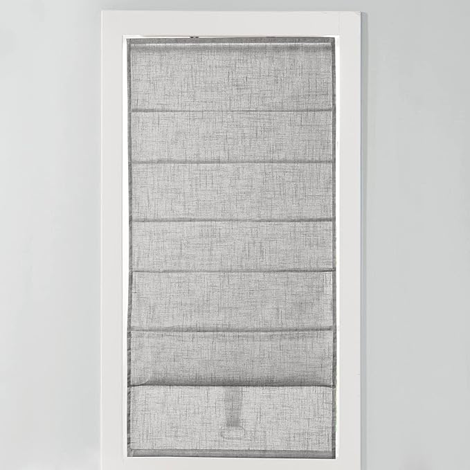 Madison Park Kyler Cordless Roman Shades - Single Panel, Lightweight Linen Blend Fabric, Natural Design, Easy Installation, Light Filtering Window Blind, Bedroom, Living Room Decor 35" W x 64" H Grey