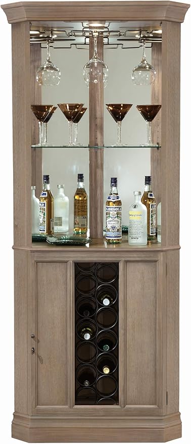 Howard Miller Piedmont VI Corner Bar Cabinet – Wooden Homebar with Rack, Stemware Holder, Adjustable Glass Shelves, Locking Door, Lighted Storage Unit for Living Room or Entertainment Area