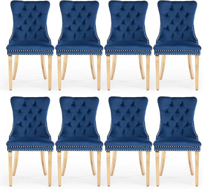 Velvet Upholstered Dining Chairs Set of 8, Modern Style Kitchen Side Chairs with Nailhead Trim and Gold Plated Leg, Metal Pulling Ring for Dining Room Living Room(Blue-Gold Plated Leg)