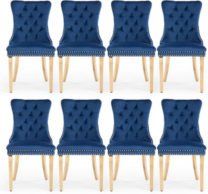Velvet Upholstered Dining Chairs Set of 8, Modern Style Kitchen Side Chairs with Nailhead Trim and Gold Plated Leg, Metal Pulling Ring for Dining Room Living Room(Blue-Gold Plated Leg)