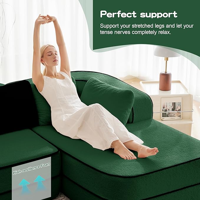 Cloud Sectional Sofa Modern Boneless Couch for Living Room, Comfy Deep Seat Comfy Teddy Fabric Double Sofa Chaise No Assembly Required (Green, 77.2" Double Chaise Lounge)