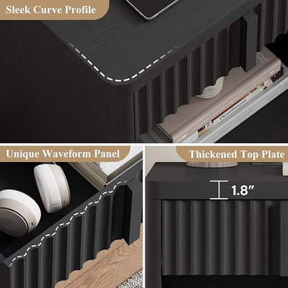 Fluted Nightstand Set of 2 with Charging Station, 23.6" Wood End Table with Solid Wood Handle, Curved Profile Design, Mid Century Moden Bedside Table for Bedroom, Black