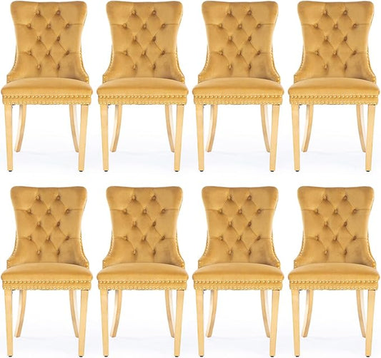 Velvet Upholstered Dining Chairs Set of 8, Modern Style Kitchen Side Chairs with Nailhead Trim and Gold Plated Leg, Metal Pulling Ring for Dining Room Living Room(Gold-Gold Plated Leg)
