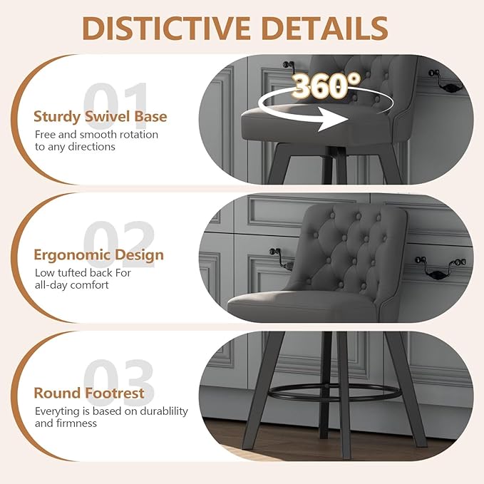 MINCETA Bar Stools Set of 3, PU Leather Barstools, 26 Inch Upholstered Counter Stools with Low Tufted Back and Footrest, Swivel Counter Height Barstools for Kitchen Island Home Bar Dark Gray