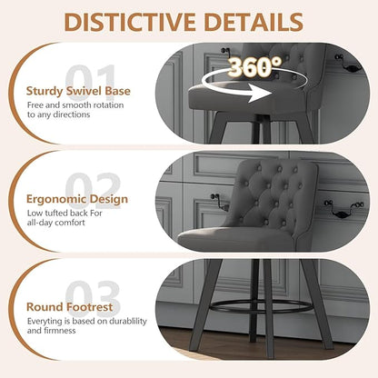 MINCETA Bar Stool, PU Leather Barstool, 30 Inch Upholstered Counter Stool with Low Tufted Back and Footrest, Swivel Counter Height Barstool for Kitchen Island Home Bar Dark Gray