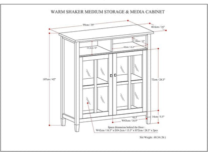 SIMPLIHOME Warm Shaker SOLID WOOD 39 inch Wide Transitional Medium Storage Media Cabinet in Light Golden Brown for the Living Room, Entryway and Family Room