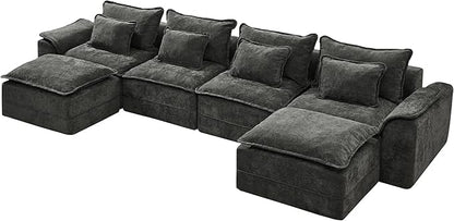 Hobestluk 152" Cloud Modular Sectional Couch 4-Seater Sofa with Ottomans U Shaped Couch Deep Seat Sofa with Removable Cover for Living Room (Dark Grey, 4-Seater Sofa with Two Ottomans)
