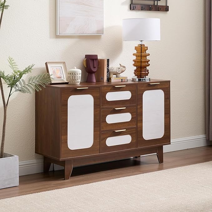 CANMOV Buffet Cabinet with Storage, 47" Sideboard Cabinet with 3 Drawers & 2 Doors, Modern Wood Coffee Bar Sideboard for Kitchen, Dining&LivingRoom, Walnut (Walnut)