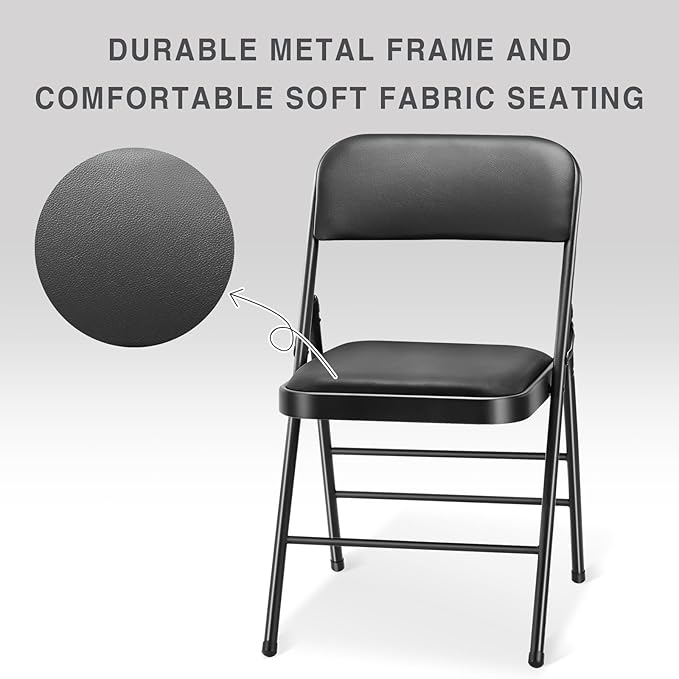 cyclone sound 4 Pack Folding Chairs with PU Padded Cushion and Back, Commercial Grade Metal Chairs with Comfortable PU Leather Cushion for Home and Office, for Indoor and Outdoor Events (4, Black-PU)