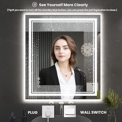 24X30 Inch LED Bathroom Mirror with Lights, Backlit and Front Lighted Bathroom Mirrors for Wall, Anti-Fog Dimmable Memory Shatterproof LED Vanity Mirror for Bathroom
