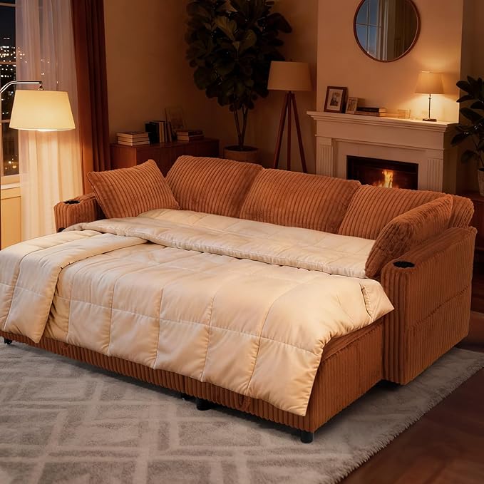 84" Corduroy Pull Out Sofa Bed w/Adjustable Backrests, Sectional L-Shape Sleeper Sofa w/Storage Chaise, Convertible Couch Bed w/USB Charging Port & Cup Holders for Living Room, House, Orange
