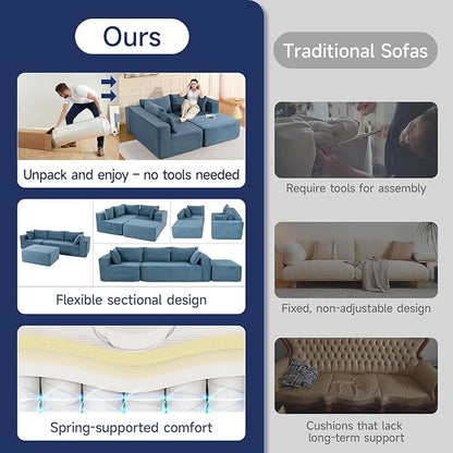2025 New 108" Cloud Couch Sectional, Modular Sectional Sofa with L-Shaped Chaise, Deep Seat Sectional Modular Couch for Living Room, No Assembly Required (Blue, Chaise Ottoman)