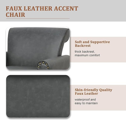 Accent Chair, Mid Century Modern Faux Leather Arm Chair with Wood Leg for Living Room, Bedroom, Comfy PU Leather Club Reading Chairs with Wingback & Nailhead Trim (Leather Black Grey, Set of 1)