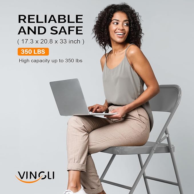 VINGLI Folding Chairs All Steel Metal Frame, Capacity 350 lbs, Durable Portable and Versatile for Indoor Outdoor Use, Gray, Set of 4