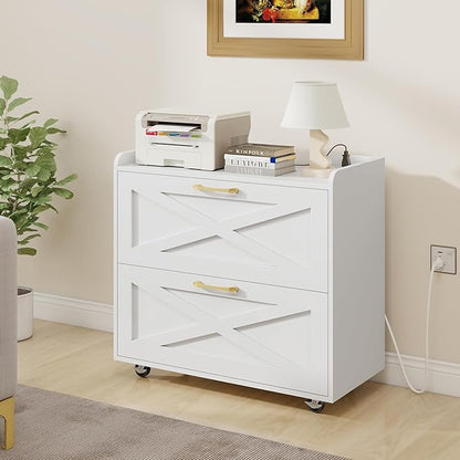 Lateral File Cabinet 2 Drawers Mobile File Cabinet with Charging Station for Letter/Legal/A4 Size Hanging Files, Large Wood File Storage Cabinets Printer Stand for Home Office, Simple White