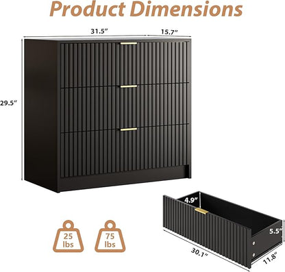 3-Piece Dresser Bedroom Set, 7 Drawer Dresser & 3 Drawer Nightstands with Gold Handles, Fluted Wood Chest of Drawers for Bedroom, Living Room, Entryway, Black
