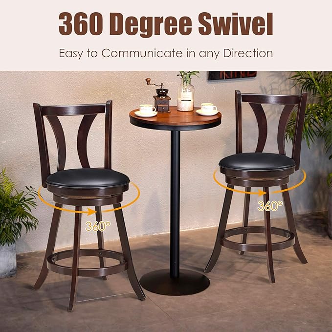 COSTWAY Bar Stools Set of 2, 360-Degree Swivel Stools with Leather Padded Seat, Single Slat Back & Solid Rubber Wood Legs, Counter Height Stools for Pub, Restaurant, Kitchen, Brown (4)