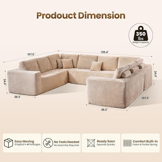Cloud Sectional Couch with Loveseat, Boneless U-Shaped Cloud Couch with Deep Seat, Soft Plush Modern Minimalist Sofa, Assembly Free Modular Floor Sofa for Office Living Room Apartment, Beige