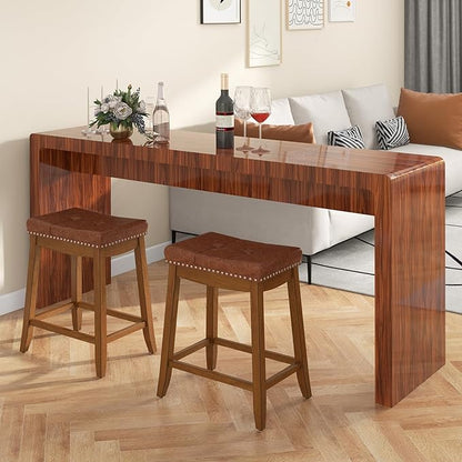 COSTWAY Saddle Bar Stools Set of 2, 25-Inch Counter Height Barstools w/PU Leather Seat, Solid Rubber Wood Frame, Footrest, Mid-Century Backless Counter Stools for Kitchen Island Home Bar