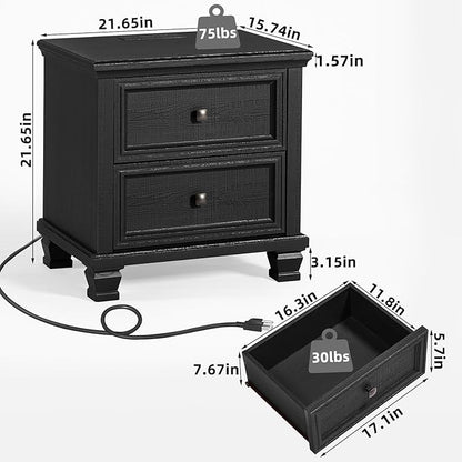 Farmhouse Nightstand Set of 2, Rustic Low Nightstands with 2 Drawers & Charging Station, Vintage Night Stands with 4 Square Solid Wood Legs, Small Dresser for Bedroom, Home, Black