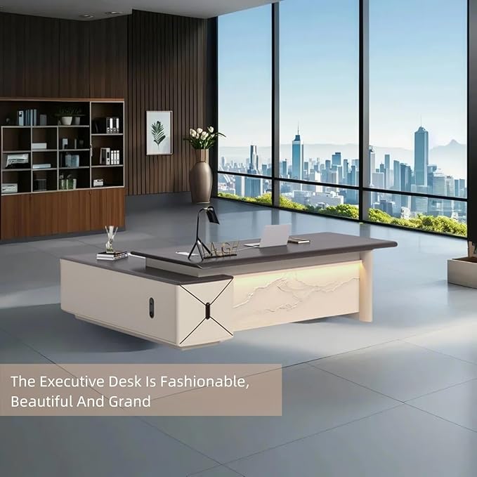 86IN L-Shaped Executive Desk with Drawer Cabinet, Executive Office Desk with LED Strip & Exquisite Handle & Fashionable Pattern Design