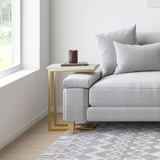SIMPLIHOME Skyler 18-inch Wide Metal Table in White/Gold, C-Shaped Industrial-Style Side Table with Genuine Marble Top for Living Room, Bedroom, or Home Office