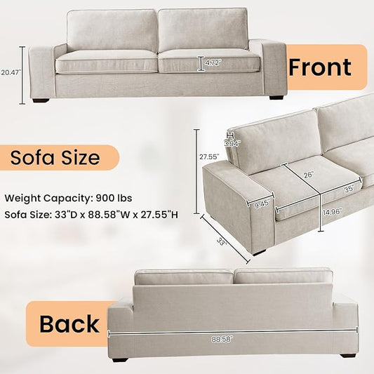 RISAR 88.58" Modern Sofa for Living Room, Chenille Couch with Removable Cover & Spring Cushions, Solid Wood Frame, Easy Assembly for Small Spaces (Beige)