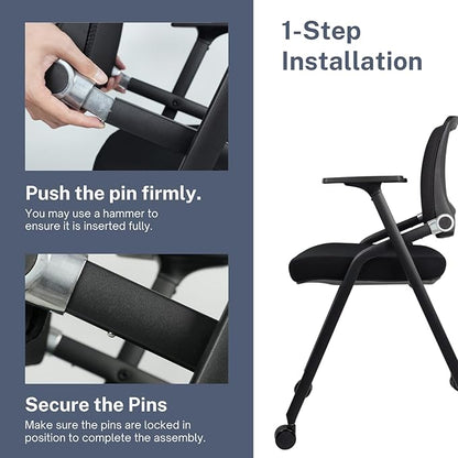 4 Pack Foldable Office Chairs with Wheels, Mesh Back, Arms and Portable - Folding Office Chairs for Conference Room Chair, Office Guest & Reception & Meeting Chair - (Black) 300 lbs.