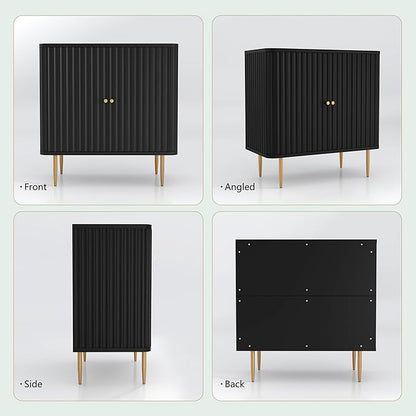 HLR Sideboard Buffet Cabinet with Fluted Texture, White Accent Cabinet with 2 Doors, Modern Credenza Storage for Kitchen Living Room, Entryway (Black, 2Piece)