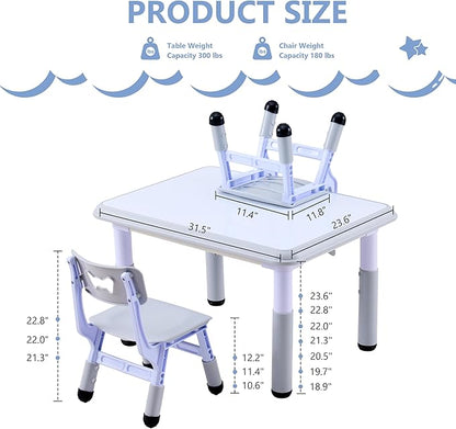 Kids Table & Chairs Set (2 Chairs), Height Adjustable Toddler Table and Chair Set for Kids Ages 3-8 with Graffiti Desktop, Learning & Art Activity Desk for Classroom, Home, Daycare (Grey)
